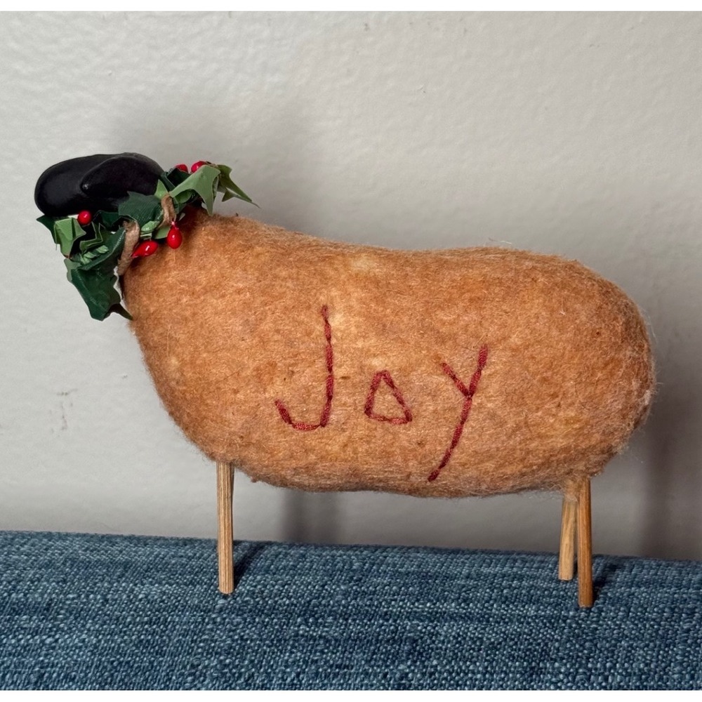 Primitive Folk Art Christmas Sheep Joy Felt Wool Holly Berry Figurine 5.5"